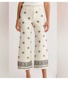 Elie Tahari Cream Wide-Leg Pants with Black Embroidery linen blend boho